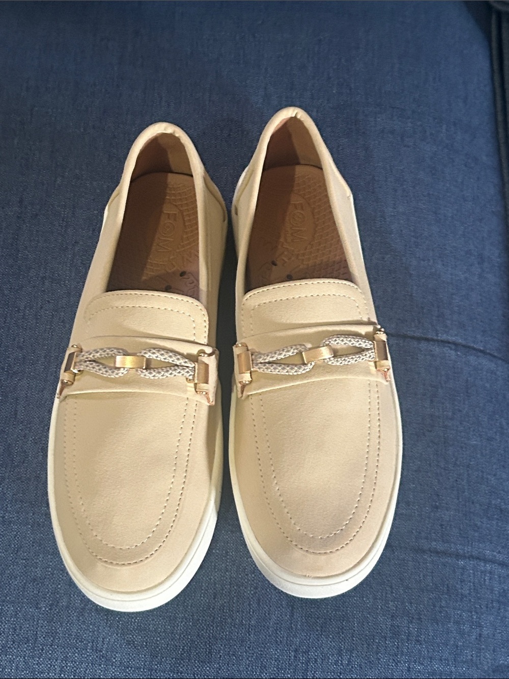 White Mountain Cream Slip-On Loafers with Gold Chain Accent